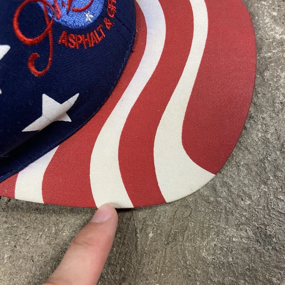 Vintage 80s American Asphalt Cap Snap Back Adjustable Flag Print Construction